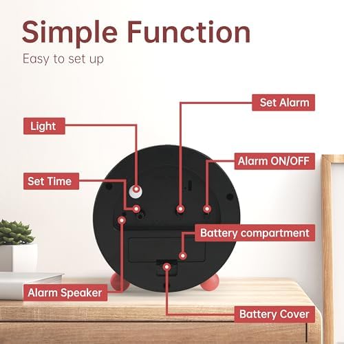 Analog Alarm Clock, 4 inch Super Silent Non Ticking Small Clock with Night Light, Battery Operated, Simple Design, Old Fashioned Style Wine-red Decor, for Bedroom, Bedside, Desk, Adult, Gift, Red