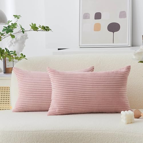 Home Brilliant 12x20 Pillow Covers Set of 2 Rectangle Throw Pillow Striped Corduroy Oblong Throw Pillowcases for Lumbar Pillows Girl's Room Decor 12 x 20 inch, Baby Pink