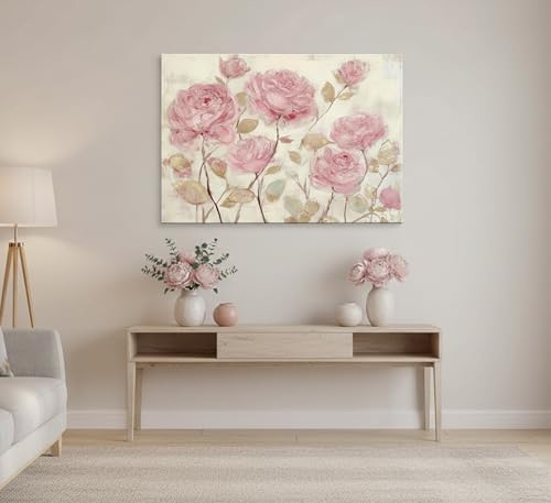 Vintage Pink Rose Canvas Wall Art Rustic Farmhouse Pink Gold Flower Abstract 3D Texture Painting Picture Wall Decor Poster Prints Artwork for Bedroom Apartment Woman's Room Home Decoration