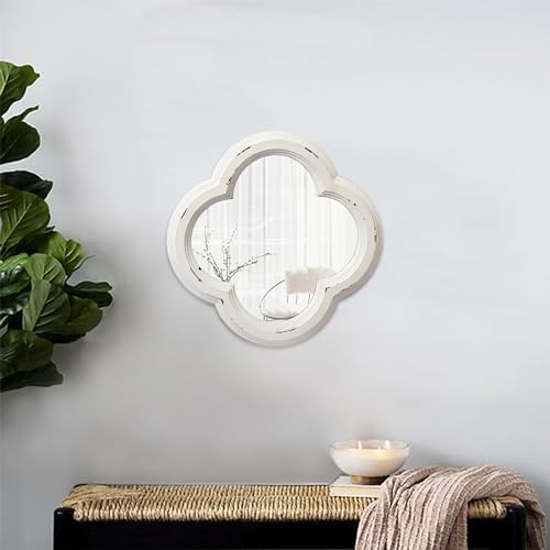 Vintage Small Scalloped Wall Mirror Decorative 8.9 inch | Hanging Distressed White Rustic Quatrefoil Wooden Mirrors for Wall Decor Living Room, Farmhouse Clover Shape Floral Mirror
