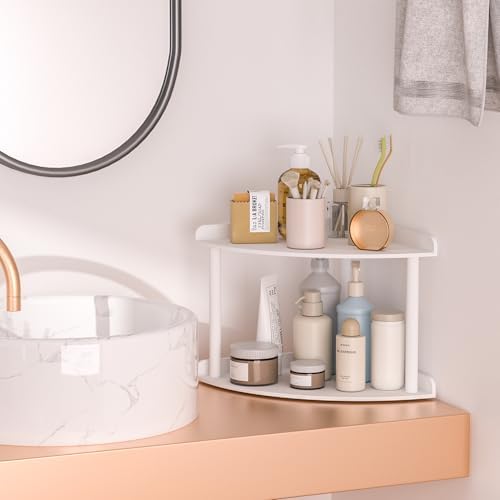 Sezanrpt 2 Tier Acrylic Corner Shelf Organizer Storage 9.5x9.5x8 Inch, White Countertop Corner Shelf for Bathroom, Kitchen, Bedroom, Office, Study Room