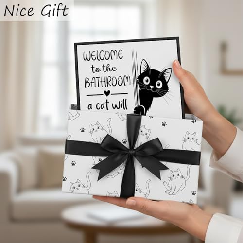 Black Framed Funny Cat Canvas Wall Art Black White Humorous Animal Bathroom Poster Print Artwork Welcome to Bathroom Painting Picture Wall Decor for Restroom Toilet Home Decoration 8x10in