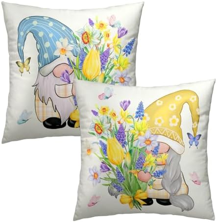 Spring Gnome Decorative Throw Pillow Cover 20x20 Inch Set of 2 Bloom Flower Pillowcase Spring Easter Colorful Floral Farmhouse Cushion Covers for Home Sofa Living Room Decor