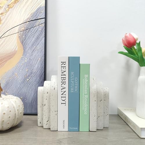 Decorative Book Ends for Shelves - Boho Aesthetic Bookends Decor - Heavy Duty Travertine Book Stopper Holder for Home Office Desk Coffee Table (Grey)