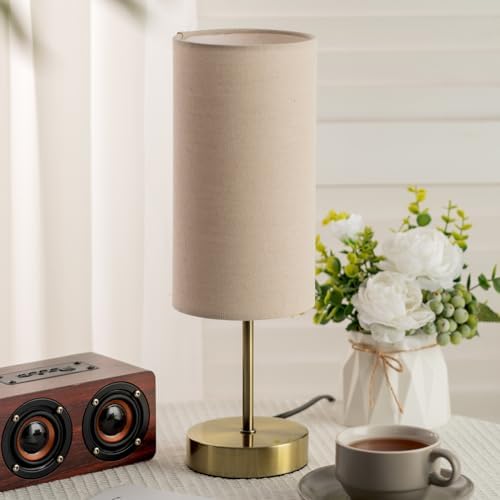 Small Side Table Lamp for Bedroom Night Stands, Round Linen Shade and Antique Brass Metal Base, Retro Minimalist Bedside Lamps for Dresser, Desk, Office, College Dorm, Warm Light, 5W LED Bulb Included