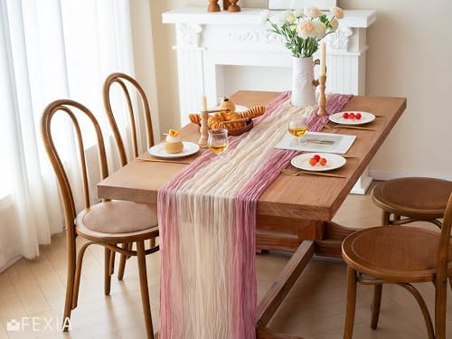 FEXIA 3 Pack Cheesecloth Table Runner 35x120 Inches Tie Dye Nude Pink Gauze Table Runner for Wedding Party Bridal Shower First Communion Centerpiece Engagement Boho Table Decoration for Dinning Room