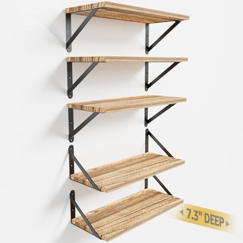 COCOYA Wall Shelves 7.3" Deep Solid Paulownia Wood (Light Brown, Set of 5)