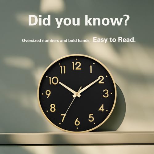 Mosewa Small 8 Inch Wall Clock Battery Operated Silent Non Ticking Analog | Black Gold modern clock; oversized 3D easy-read dial for kitchen, bedroom & office; 1 AA battery (not included)