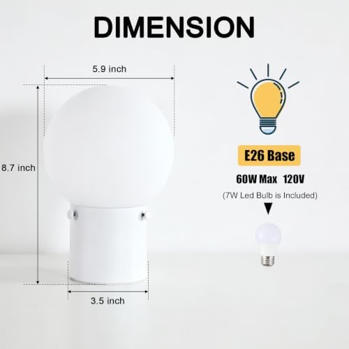 Somniferous Modern White Table Lamp with Frosted Glass Globe Shade, E26 Base, Includes 7W LED Bulb, Small Bedside Desk Lamp for Bedroom, Living Room, Nightstand, Office
