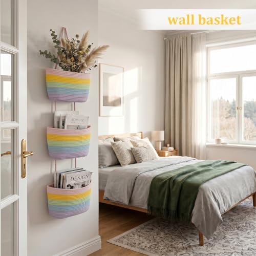 TeoKJ Over the Door Hanging Basket, 3-Tier Woven Cotton Wall-Mounted Storage Organizer Bag Decorative Hanging Nursery Baskets, Rainbow