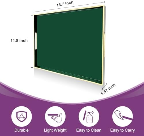 Gifturbo Large Serving Tray with Handles，Green Rectangular Plastic Elegant Decorative Coffee Table Trays for Ottoman, Living Room, Bathroom, Home Decor, Vanity Tray with Gold Trimming, 15.7” x 11.8”