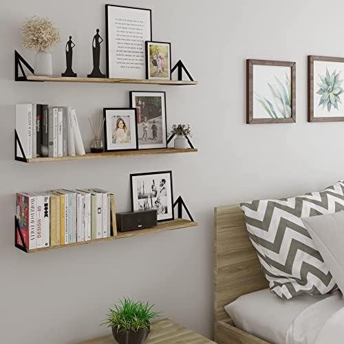 Wallniture Minori Wall Bookshelves for Living Room Decor, 36" Floating Shelves for Bathroom, Kitchen, Bedroom, Floating Bookshelf Wall Storage, Set of 3 Natural Burned