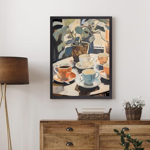 Cyebmo Retro Coffee Wall Art, Coffee Cup Plant Wall Decor, Watercolor Cafe Canvas Painting, Minimalist Vintage Travel Food Poster Print for Home Office Cafe Bar Living Room Wood Framed 16x24 Inch