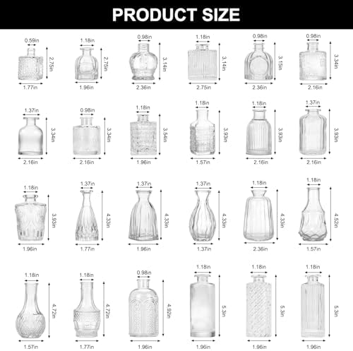 CUCUMI 24pcs Bud Vases for Centerpieces, Clear Glass Vase Decorations | Clear Vintage Decorative Small Vases for Flowers, Wedding Rustic Home Table Decor