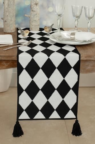Fennco Styles Black and White Diamond Woven Table Runner - 14 x 71 Inch Checker Runner Table Centerpiece for Dining Home Decor, Indoor Parties, Holiday Events Tassel Table Runner