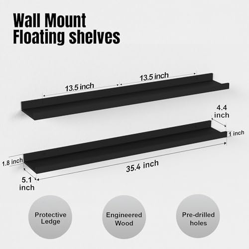 Boswillon Floating Shelves Set of 2, Long Wall Shelf with Lip, 36in, Black