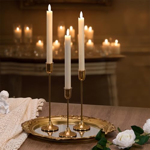 Gold Candlestick Holders, Brass Metal Taper Candle Stick Holders Set of 3