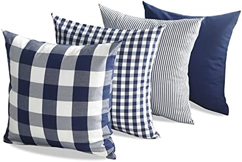 Nautical Navy Blue Buffalo Check Plaid Throw Pillow Covers 18x18 Set of 4