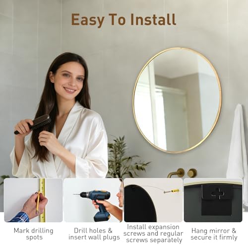DUMOS 20 Inch Round Wall Mirror, Bathroom Mirror, Gold | Metal Frame, Tempered Glass & Anti Rust Metal Frame, Decor for Bathroom Vanity Bedroom Entryway