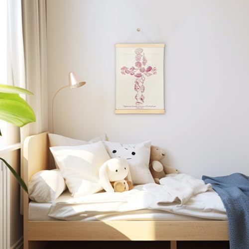 SereneHanctuary Christian Pink Coastal Beach Wall Art, Psalm 93:4 Bible Verses Wall Decor, Seashell Cross Religious Poster Hanger Frame for Girls Bedroom Home Church Decor, 12x16 Inches