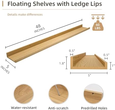 Acovy Picture Ledge Shelf, Wood Long Floating, Set of 2, 48 inch, Oak