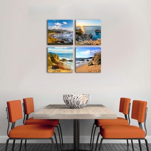 Oregon Coast Beach Wall Art Ocean Landscape Canvas Pictures Prints Coastal Wall Decor for Bathroom Living Room Kitchen Modern Home Decorations Nature Scenery Paintings Nautical Artwork 20x20” 4 Pcs