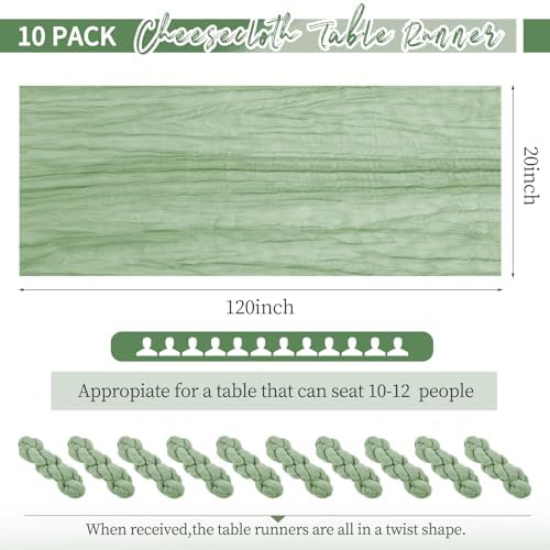 10 Pack Sage Green Table Runner 10Ft Cheesecloth Table Runner Boho Gauze Cheese Cloth Table Runners Romantic Long Sheer Fabric Table Runners for Wedding Party Bridal Shower