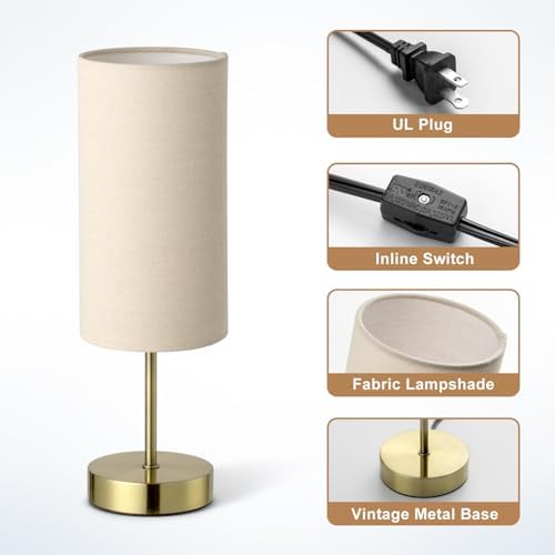 Small Side Table Lamp for Bedroom Night Stands, Round Linen Shade and Antique Brass Metal Base, Retro Minimalist Bedside Lamps for Dresser, Desk, Office, College Dorm, Warm Light, 5W LED Bulb Included