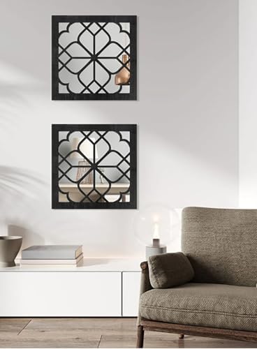 Wall Mirror Square Wooden Decorative Mirrors for Wall Farmhouse Living Room Hallway Entryway, 2 Pcs, 12inch x 12inch