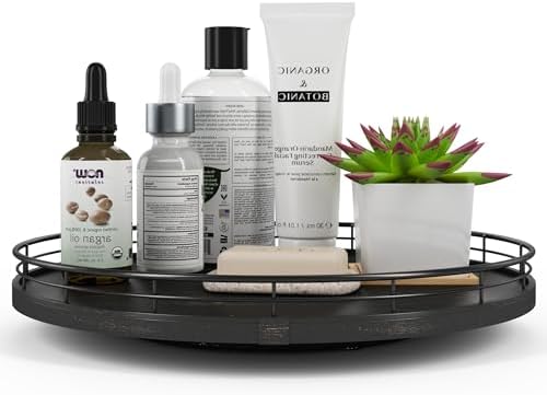 AMH 13-Inch Oak Lazy Susan Vanity Tray with Black Brushed Gold Finish Rail