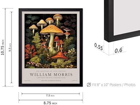Poster Master Mushrooms Print - William Morris Poster - Flower Art - Botanical Exhibition Wall Design - Farmhouse Illustration - Aesthetic Piece - Office, Living Room or Bedroom Wall Decor - 8x10 Black Framed