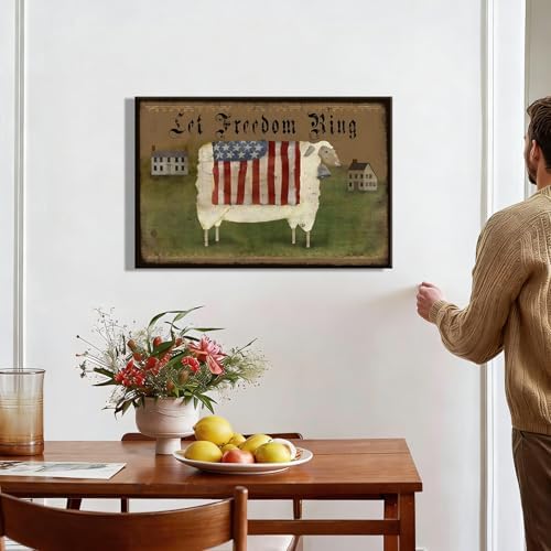 RIBNTAK Americana Farmhouse Canvas Wall Art, Rustic God Bless America Sheep Pictures with USA Flag Artwork Patriotic Country Decor for Living Room Entryway Bedroom