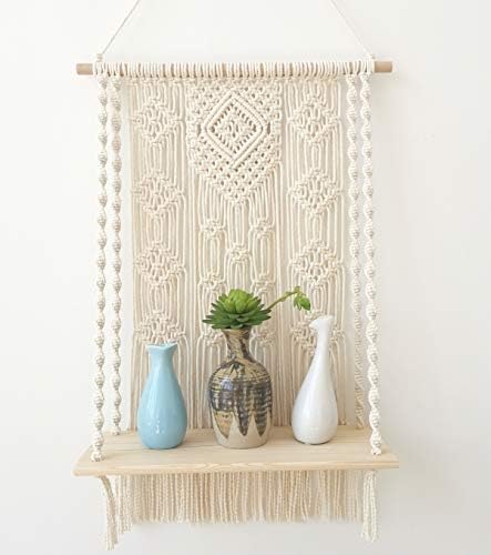 Macrame Wall Hanging Shelf, Boho Decorative Floating Plants Swing Hanging Shelf Wooden Storage Hanger, Handmade Cotton Rope Woven Home Wall Decor