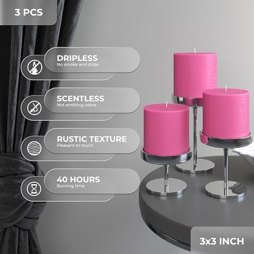 CANDWAX 3x3 Pink Pillar Candles Set of 3 - Long Burning Unscented Smokeless Dripless Pillar Candles - Pink Candle Set for Wedding, Special Occasions and Ordinary Dinners - Spring Candle Pillars