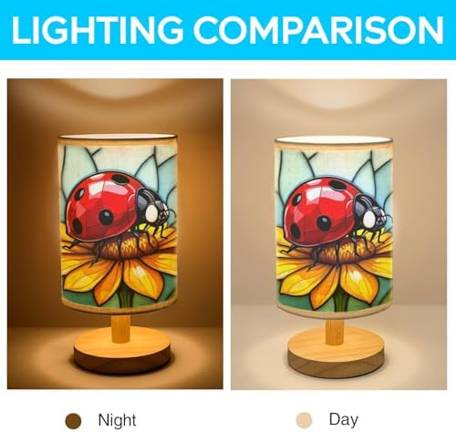 Ladybug Flower Table Lamp LED 3-Color Pressed Bedside, Ladybug Flower Shade Lamp with Wood Base for Bedroom Living Room Desk Office TL01