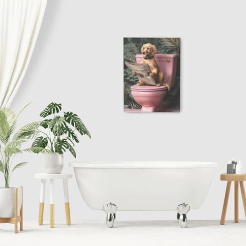 Crekviy Funny Golden Retriever Bathroom Decor Wall Art Dog Sitting on Toilet Pictures Cute Puppy Canvas Prints Painting Animal Restroom Artwork Home Decorations Framed Dog Gifts 12"x16"