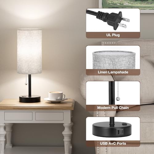 17" Grey Bedside Lamp for Bedroom Nightstand - Table Lamp with USB Ports