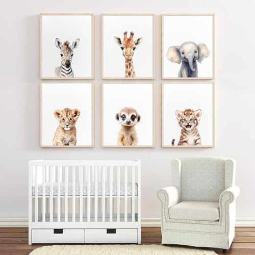 Safari Nursery Wall Art Decor Set of 6 Baby Animal Wall Art Kids Canvas Wall Art Safari Nursery Pictures Jungle Animal Prints Baby Boy Art Giraffe Painting for Room Bedroom 8x10 Inch Unframed