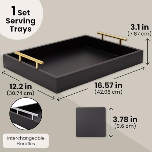 Juvale Wooden Serving Tray - 15.7 x 11.8 x 3.1 in, Black Rustic, Includes 2 Coasters - Decorative Tray with Interchangeable Gold & Silver Handles - Sofa & Ottoman Use, Coffee Table Decor