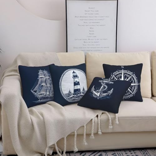 Nautical Throw Pillow Covers Set of 4 Decorative Soft Double Sided Print Pillow Case Farmhouse Home Decor for Living Room Sofa Couch 18x18