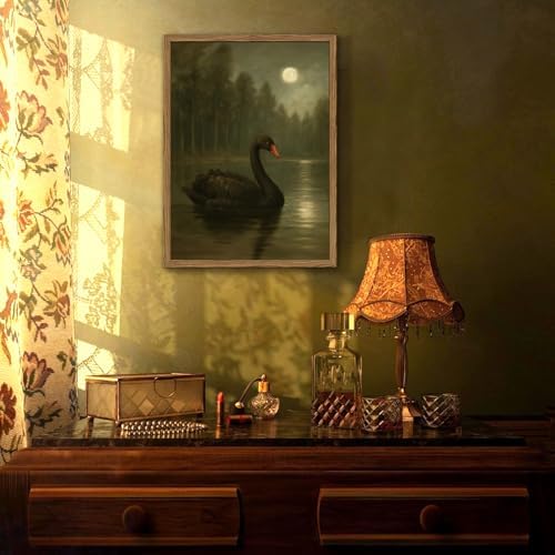 Framed Moody Black Swan Wall Art, Vintage Moonlit Lake Painting, Dark Academia Gothic Picture Wall Decor,Mystical Night Landscape Artwork for Living Room Bedroom Offices 16x24 inch