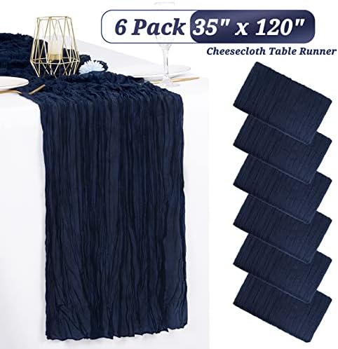 6 Pack Navy Blue Cheesecloth Table Runner, Extra Wide 35x120 Inch
