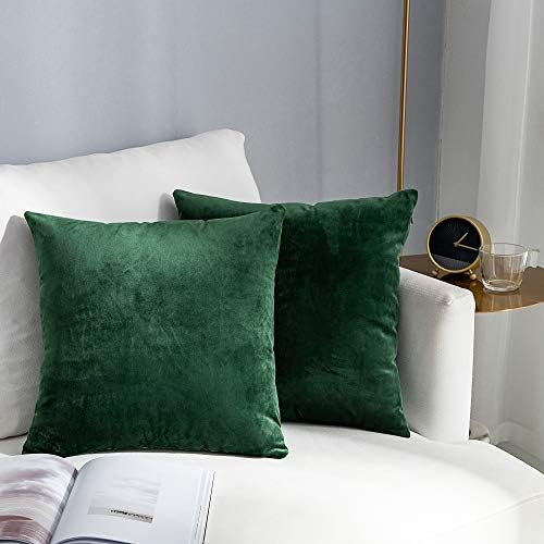 Stellhome Pack of 2 Velvet Throw Pillow Covers Super Soft Solid Pillowcase for Bed Couch Sofa Bench, 16 x 16 inch (40 x 40 cm), Dark Green