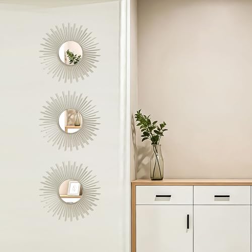3 Pack Metal Mirrors for Wall Sunburst Wall Mirrors Home Décor Decorative Hanging Wall Art for Living Room Bedroom Entryway (Silver2, Sunburst)