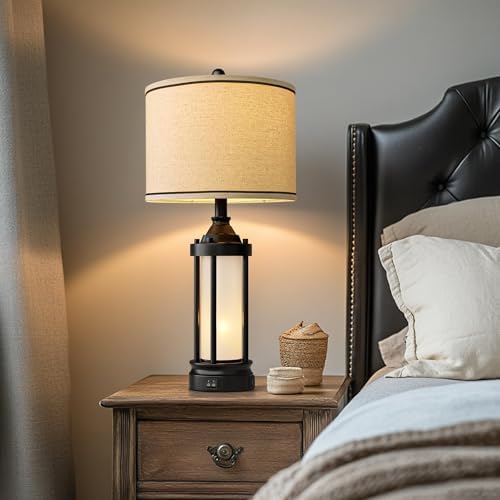 25'' Table Lamps for Bedroom Living Room Lamps Set of 2 Farmhouse Nightstand Bedside Lamps with USB Ports, Built-In Frosted Glass Night Light Industrial Metal Night Stand Lamp, Bulbs Included, Black