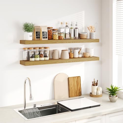 Fun Memories Floating Shelves for Wall, 48Inch Floating Shelves Set of 2, Hanging Shelf with Invisible Brackets, Wood Shelves for Living Room, Bedroom, Kitchen, Oak