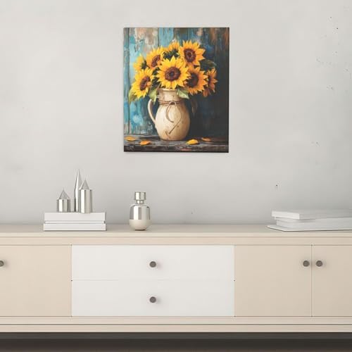 Crekviy Sunflower Wall Art Vintage Flower Wall Decor Farmhouse Canvas Prints Painting Yellow Floral Pictures Decoration for Bathroom Bedroom Living Room Framed Artwork Gifts 20"x24"