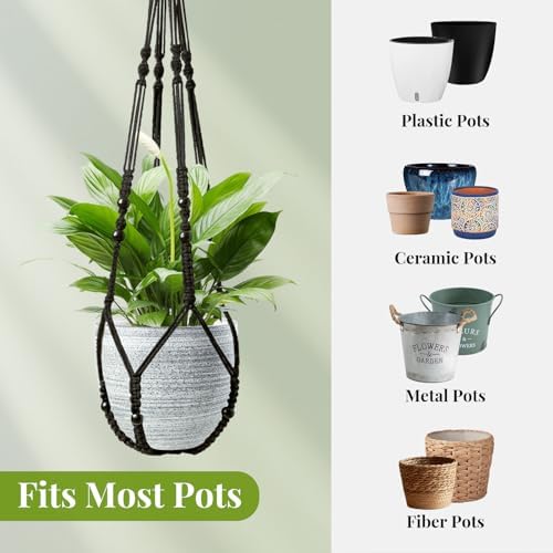 LEWESU Macrame Plant Hanger Indoor Set of 2 with 4 Hooks, Indoor Outdoor Hanging Planter for Plants Holder with Decorative Wood Beads & No Tassels, Boho Home Decor, 35 Inch Black (Pots Not Included)