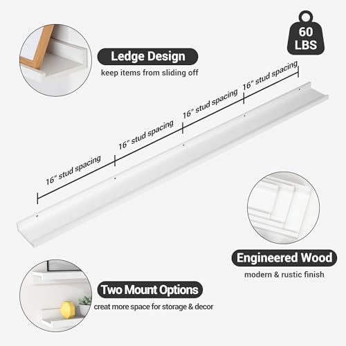Axeman Picture Ledge Shelf, 72 Inch White Floating Shelves Set of 3
