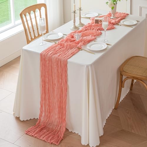 SIOLOC Dusty Coral Table Runner 120 x 35 Inch, Boho Gauze Cheesecloth Table Runner for Wedding, Rustic Sheer Table Decor for Bridal Shower, Baby Shower, Party & Events